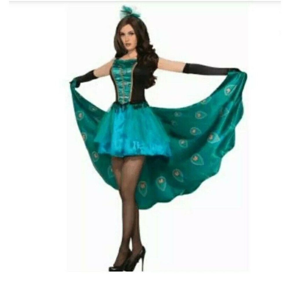 Chic Teal High-Low Dress with Peacock Design